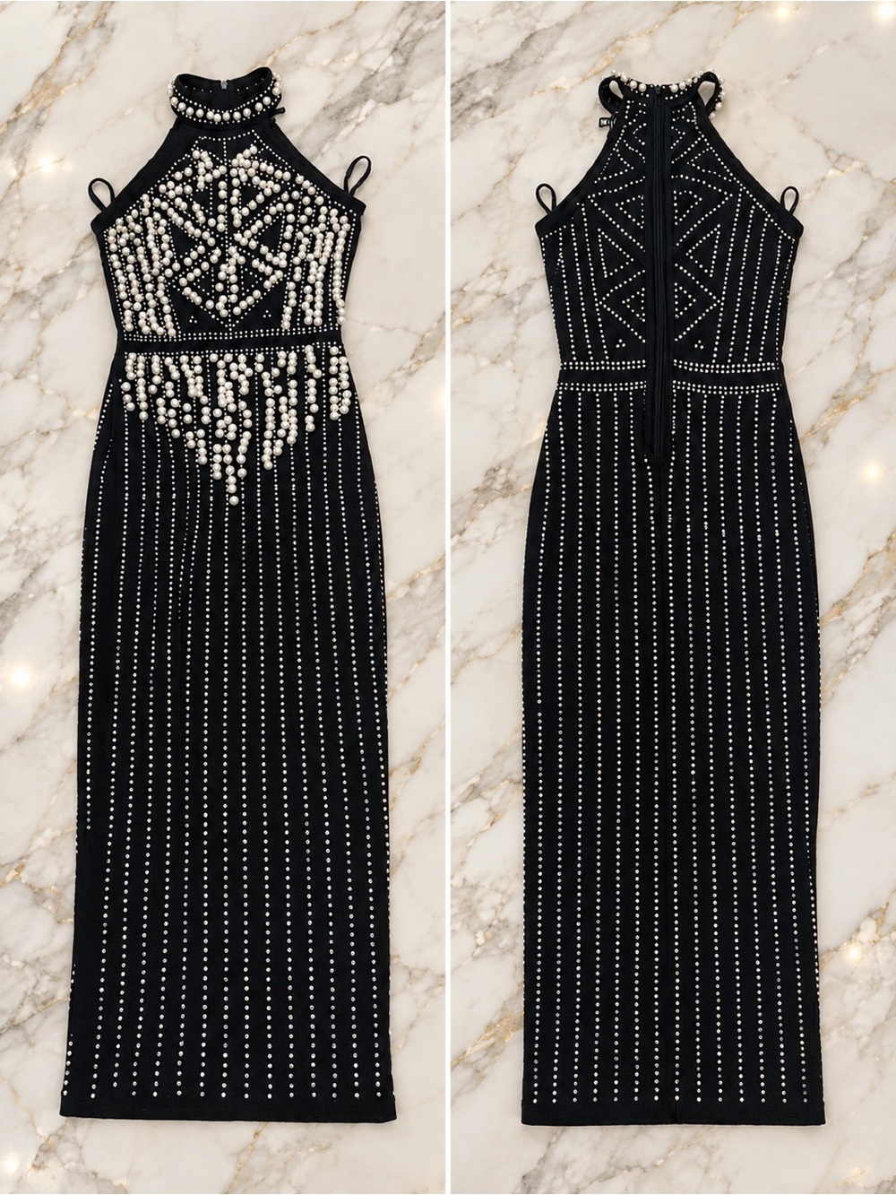 Fashion Nova Black Midi Halter Dress with White Pearl Embellishment